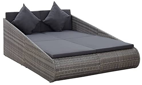 JUNZAI Gartenbett, Liegen, Sonnenliege, Liegeinsel Outdoor, Outdoor Bett, Doppelliege, Gartenliege, Daybed Outdoor, Grau 200 x 139 cm Poly Rattan