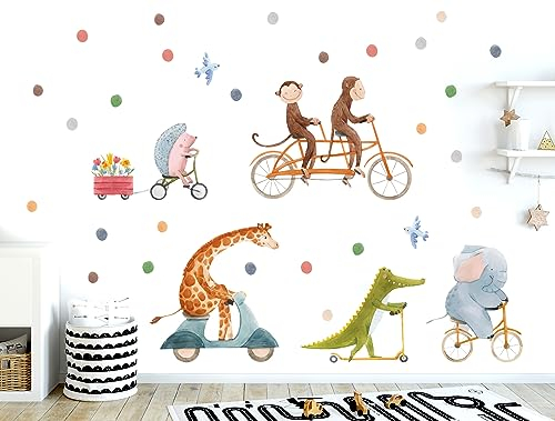 WONDER MURALS Wandtattoo Kinderzimmer Deko Mädchen Junge Wandaufkleber Tiere auf Fahrrad Wandsticker Kinder Wanddeko Babyzimmer Giraffe Affen Elefant (Giraffe & Freunde)