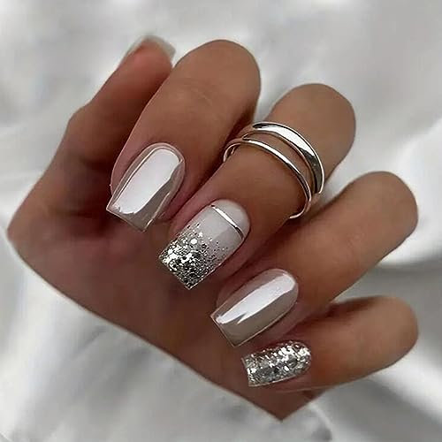 24PCS Short False Nails with Glue Stickers,Coffin Full Cover Acrylic Press on Nails no Glue,Silver Glitter French Fake Nails for Women and Girls Nail Art