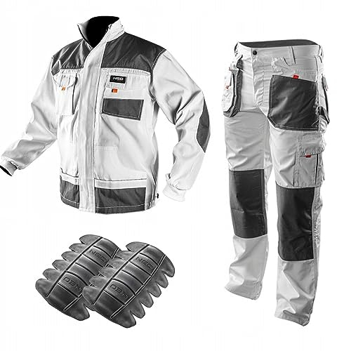 NEO TOOLS Pantalon de travail professionnel (veste, genouillères) blanc | Vêtement professionnel, pantalon de peintre, taille S à XXL, Ensemble (pantalon, veste)