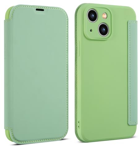 OUBELI Hülle für iPhone 15 Handyhülle Premium PU Leder Flip Klapphülle Tasche Case Flüssige Silicone Case [Standfunktion] [Kartenfächern] Schutzhülle (grün)