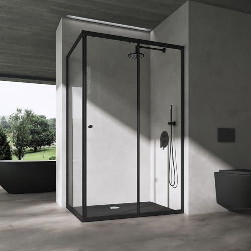 doporro Box Doccia 90x120x190cm, Cabina Doccia con Porta Scorrevole Vetro di Sicurezza ESG Vetro Nero Ravenna16L K