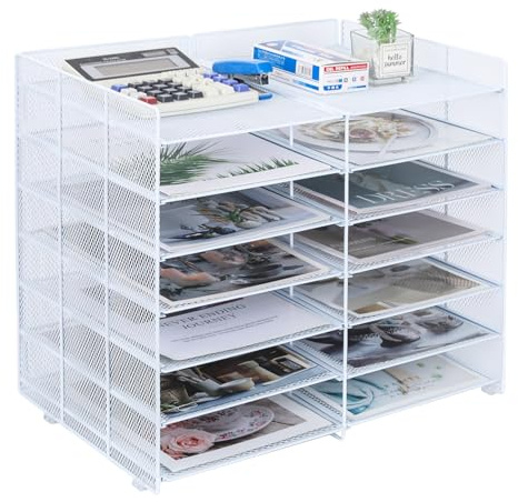 TQVAI Briefablage 13 Fächer Metall Dokumentenablage A4 Schreibtisch Organizer 7 Tier Papierablage Ablage Zeitschriftensammler Zubehör Organizer für Büro Zuhause Schule, Weiß