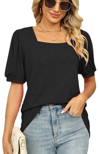 FANGJIN Damen Sport Basic Tshirt Puff Sleeve Tops Fitness Kurzarm T Shirt Yoga Kleidung Casual Pullover Oberteile Sommer T-Shirts Elegant Schwarz X-Large XL