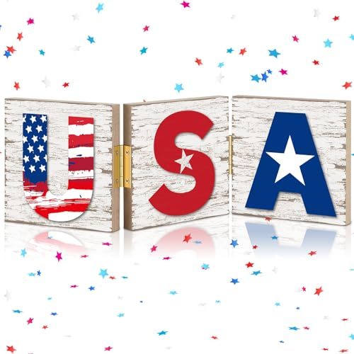 Qunclay Patriotische Holz-Tischschilder 4. Juli, USA-Herzstück, rustikales USA-Brief, Holzschild, Bauernhaus, faltbar, Tischdekoration, Geschenk, Unabhängigkeitstag, Dekoration für Zuhause,