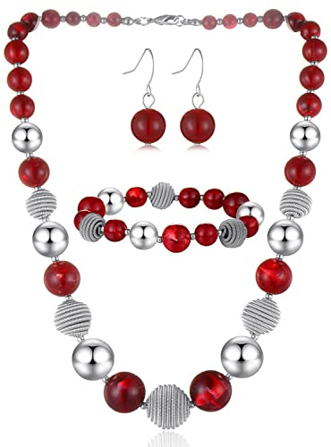 FULU AUTUMN 3 Pcs Parure de Bijoux Collier de Perles Grosses Bracelet et Boucles d'Oreilles Cadeau d'Anniversaire pour Femme