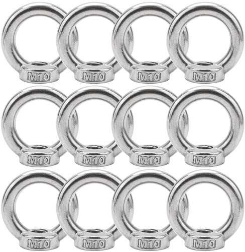BREANIFULL 12 dadi ad anello in acciaio inox M10, viti a occhiello in acciaio inox M10, occhielli ad anello per montaggio a corda, accessori di sollevamento, lucidatura superficiale, argento