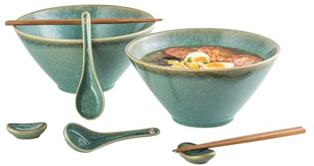HENXFEN LEAD Juego de tazón de ramen de cerámica japonesa, 2L tazón de sopa grande juego de tazón de ramen con 2X tazón, palillos, cuchara de cerámica, reposa palillos, verde brillante