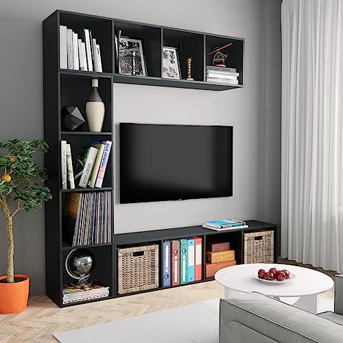ZEYUAN 3-TLG. Bücher-/TV-Schrank Set Schwarz 180x30x180 cm, TV Lowboard, Fernsehschrank, Fernsehtisch, Fernseher Schrank, TV Sideboard, TV Board, TV Cabinet, TV Bank, TV Kommode - 278789