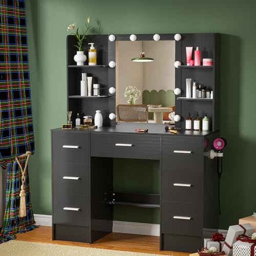 Puselo Dressing Table With Lights Mirror, White Vanity Makeup Table, Large Makeup Vanity Table with Drawers and Open shelves,Vanity Desk for Bedroom Furniture