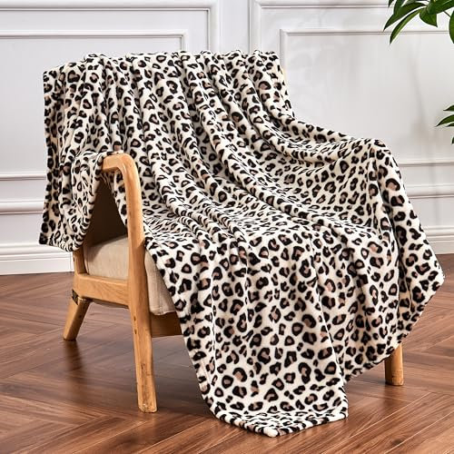 Edenleaf Coperta in pile con stampa leopardata, per letto, divano, viaggi e campeggio, super morbida e accogliente, coperta in peluche con stampa ghepardo, per tutte le stagioni, 127 x 152 cm (panna)
