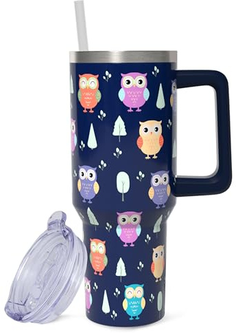 ZNYYZYBA 40 oz Tumbler with Handle and Straw, Stainless Steel Insulated Owl Tumbler 40 oz, Reusable Owl Coffee Mug with Leak Proof Lid, Owl Gifts for Women