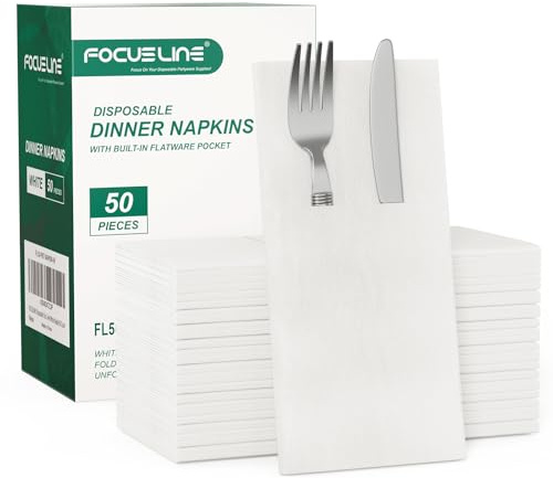 FOCUSLINE 50 Count Disposable Cloth-Like Napkins, Built-in Flatware Pocket, Prefolded Linen Feel White Napkins