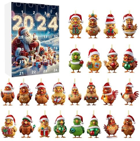 Weihnachtsbaum Huhn Anhänger, Adventskalender 2024, 24-Tage-Weihnachts-Countdown-Kalender für Huhnliebhaber, 2D Acryl Huhn-Hängeanhänger, Weihnachtsbaumschmuck (B)