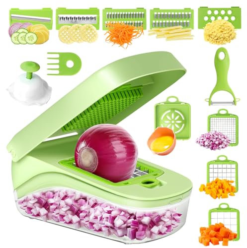 10 in 1 Vegetable Chopper Vegetable Cutter Manual, Food Choppers and Dicers Salad Chopper Box with Lid, Upgraded Onion Dicer Potato Chipper Mandoline Slicer/Julienne - Kitchen Tools & Gadgets