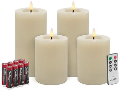 LC Home Candela Lights LED Kerzen Set Flammenlos Echtwachs inklusive Fernbedienung & Batterien Dimmbar Flammenfunktion (Winter Creme, 4er Set)