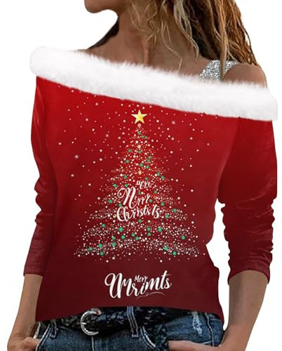 Topassion Off Shoulder Weihnachtsshirt Damen Glitzer Chritmas Drucken Oberteile Ugly Pullover Mesh Langarm Tunika Tops Langarmshirts Bluse Elegant Slim Fit Weihnachtsbluse Weihnachtspullover(Red,S)