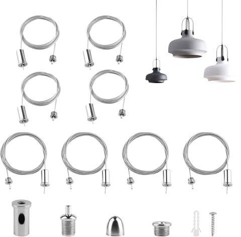 8 Stück Seilaufhängung Einbauset, 1.5mmx1m und 1.5mmx2m Verstellbare Lampenaufhängung, Drahtseil Spanner, Edelstahl Decke Ohrstecker Drahtseil für LED Panel Deckenleuchte Befestigungs