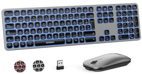 Clavier Souris sans Fil Retro eclairé, AZERTY Clavier et Souris sans Fil Rechargeable, Clic Silencieux pour Windows PC, Ordinateur, Gris