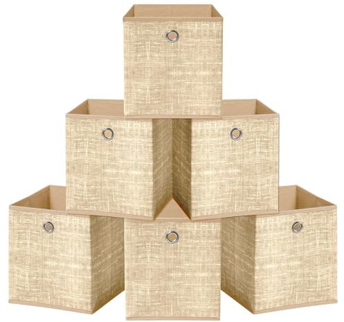 HEFTMAN Foldable Storage Cube Boxes - Set of 6 Beige Fabric Storage Boxes with Grommet Handle, Space Saving Fabric Cube Storage Boxes for Clothes, Toys, Books Organisation (33 x 33 x 33 cm - Beige)