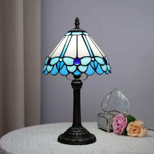 Blivuself Tiffany Lampe blau Schmetterling Stil Glasmalerei Leselampe 8X8X14 Zoll Schlafzimmer Nachttisch Nachtlicht Home Office Schreibtischlampe mit LED-Birne