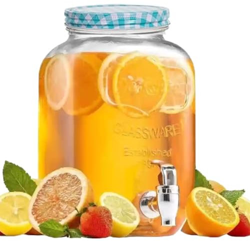 Almineez 5L Glass Drink Dispenser with Tap - Cold Water Dispenser with Tap, Fridge Water Dispenser Cocktails, Infused & Soft Drinks for BBQ's Parties Home Counter