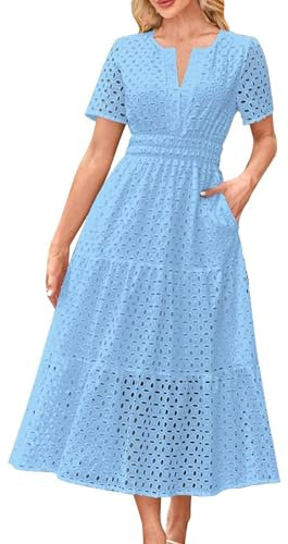 Womens Summer Dresses Elegant Eyelet Dress Short Sleeve V Neck Button Wrap Dress Loose Beach Ladies Maxi Sundress Hollow Out Tunic Dress Boho T-Shirt Dress with Pockets 2025 Light Blue