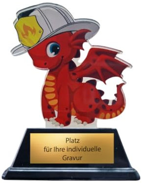 EBERiX POKALE – 10cm Kinderfeuerwehr-Pokal, roter Drache, Acryl Trophäe, Award Kinder, personalisierbare Gravur, Feuerwehrdrachentrophäe, Pokal Geschenkidee