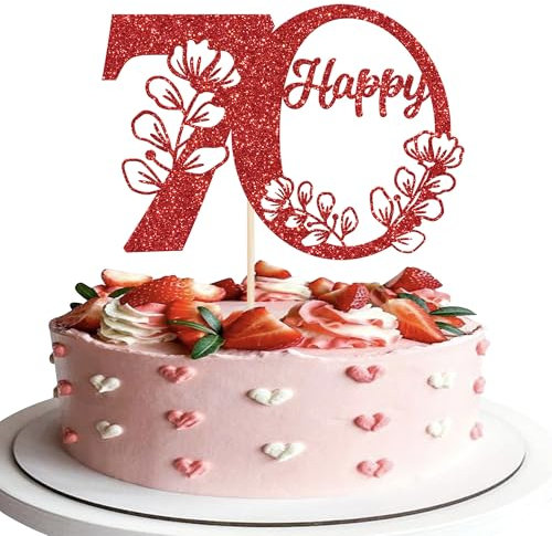 Xsstarmi 1 Pack Happy 70th Birthday Cake Topper Red Glitter 70 Cake Pick Cheers to 70 Birthday Cake Decorations for Happy 70th Anniversary Party Cake Decoration Supplies