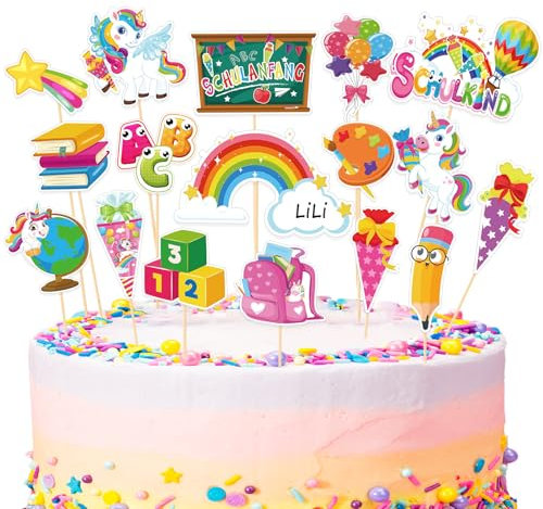 DPKOW 17Stk Tortendeko Einschulung Mädchen Rosa Einhorn Cake Topper Schulkind Tortendeko Kuchen Deko Einschulung Kuchendeko Schulanfang Zuckertüte ABC 123 Ballon Muffin Cupcake Topper