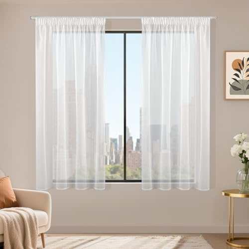 Runyéla Cortinas Salon Modernas con Cinta Fruncidora 140x145 cm Translucidas Decoracion Habitacion Visillos Cortas para Ventanas Piezas Blanca Cortinas para Riel Blanco