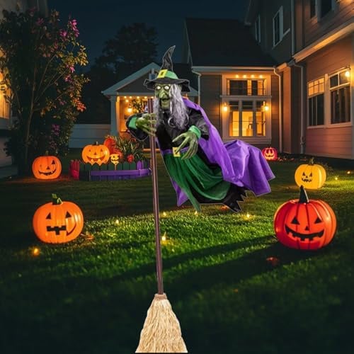 Halloween Hexe Fliegende Auf Besen, Halloween Animatronic Deko Outdoor, Mit Gruseligen Geräuschen Und Lichtern, Für Draußen, Spukhaus, Garten, Hof, Rasen