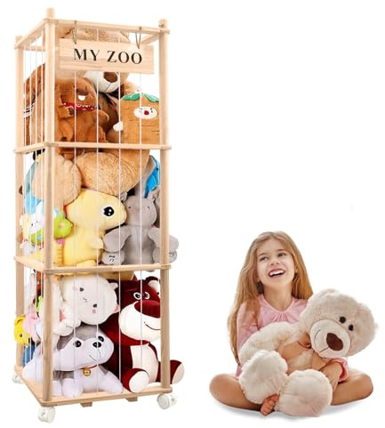 Hoyiyobi Holz Kuscheltier Aufbewahrung, Extra Große 136 x 40 x 40 cm Stofftier Aufbewahrung mit 360° Bremse-Ausgestattete Räder, Platz Sparen Stuffed Animal Storage für Spielzimmer Kinderzimmer