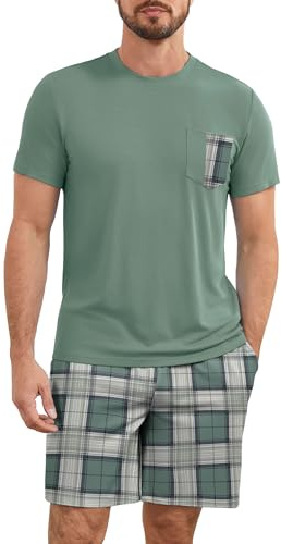 Atforna Pyjama court d'été en coton pour homme - Ensemble 2 pièces - Haut à manches courtes et pantalon de pyjama à carreaux, vert, XL
