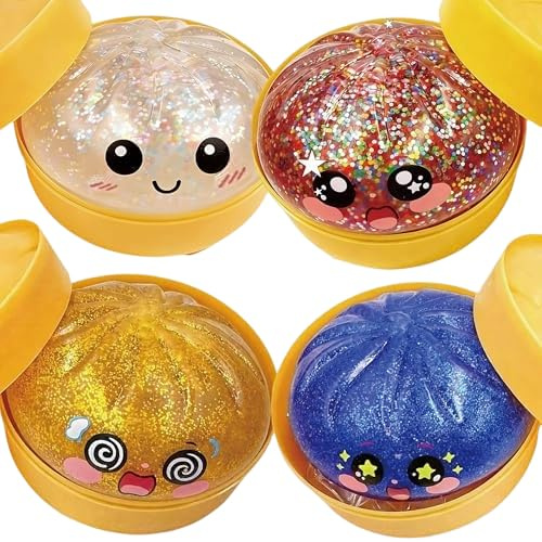 Leuchtendes Squishy Dumpling Set in Dampfgarer-Optik, blinkendes Anti-Stress Spielzeug zum Drücken & Kneten, elastische Teigtaschen-Figur mit Lichteffekt, tolles Geschenk & Party-Deko