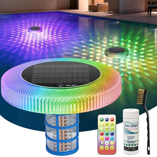 Ionizador de piscina solar – Ionizador de piscina de cobre con iluminación RGB multicolor – Purificador y clarificador de agua flotante automático, ionizador de cobre impermeable para piscinas