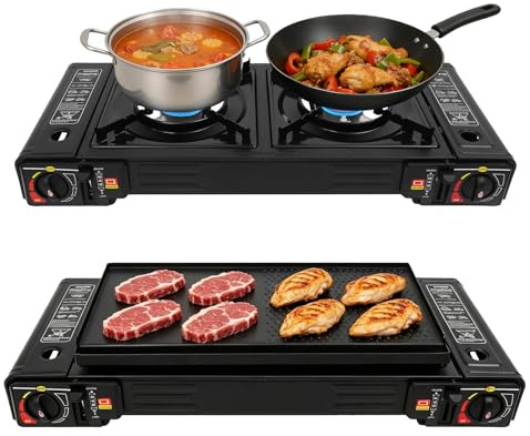 Fornello a gas portatile a 2 fuochi - 2500 W - Con accensione piezoelettrica - Piastra di cottura antiaderente e sacchetto per il trasporto - Fornello da tavolo stabile per campeggio, giardino, picnic