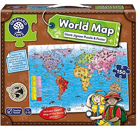 Orchard Toys World Map Jigsaw Puzzle and Poster, Educational 150-piece jigsaw of Countries and Continents of the World, Includes poster, Age 5-10