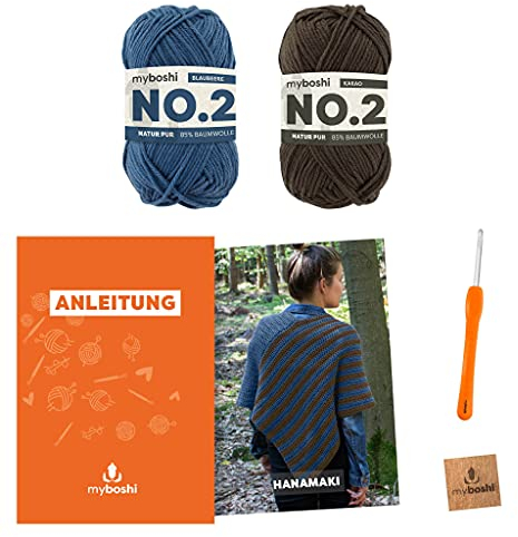 myboshi Häkelset Poncho Hanamaki, inkl. No.2 Wolle, Nadel und Anleitung, für Bekleidung, Häkelpaket, 85% Baumwolle, 15% Kapok Blau mit Häkelnadel