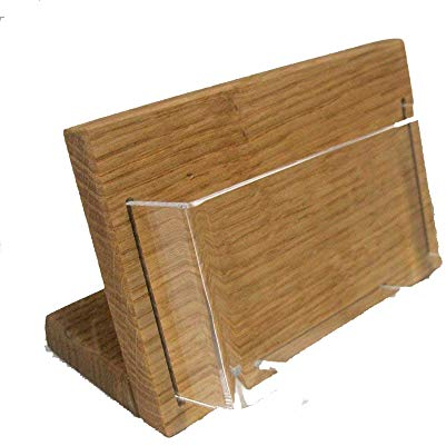 LINLAY Intarsien & Gravuren Visitenkartenhalter aus Holz (Querformat) Prospekthalter Tischmodell massiv Eiche mit Acryleinsatz
