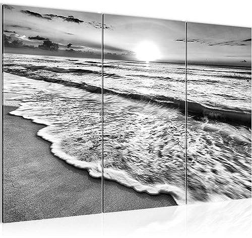 Runa Art Wandbilder Sonnenuntergang Strand Bild XXL Schlafzimmer Wohnzimmer Schwarz Weiss Panorama 120 x 80 cm 3 Teilig 023731c