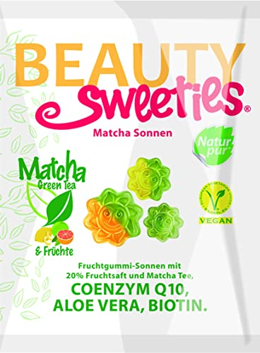 BeautySweeties Matcha-Sonnen 125 g | Fruchtig-süße & vegane Fruchtgummi-Sonnen mit 20% Fruchtsaft und Matcha Tee | Mit Coenzym Q1, Aloe Vera und Biotin | 1 x 125 g Beutel