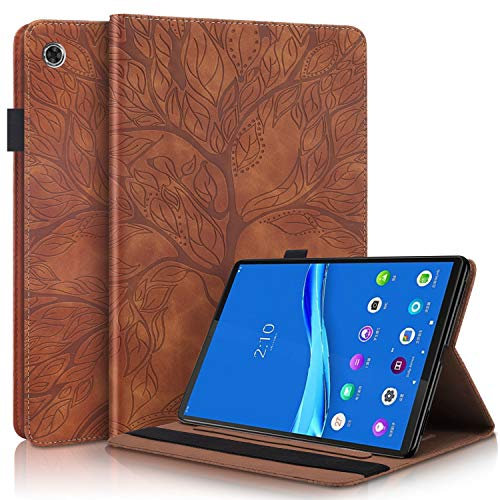 CaseFun Coque pour Lenovo Tab M10 Plus Motif Arbre de la Vie PU Cuir Flip Housse Étui Portefeuille Cover Case avec TPU Silicone Carte de Slot, Marron