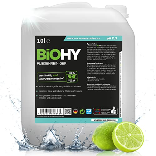 BiOHY Fliesenreiniger (10 Liter Kanister) | Bio Reiniger für Wand- & Bodenfliesen aller Art | Intensiver Kalkentferner | Streifenfreie Reinigung für Wohnzimmer, Küche & Bad | Innen & Außenbereich