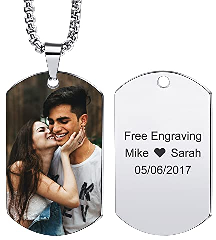 MunkiMix Benutzerdefinierter Hundemarken Text und Bild gravierte Halsketten mit farbigem/schwarz-weißem Bild Anhänger personalisiertes Geschenk für Männer/Frauen Schmuck