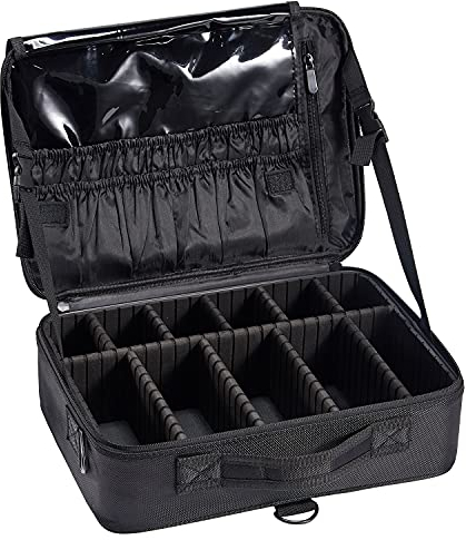 Borsa porta Trucchi Grande Tessuto Oxford Borsa per Cosmetic y Unghie Makeup Bag porta Trucco Organizzatore da Viaggio Beauty Case Donna con Tracolla y Scomparto Rimovibile Professionale, Nero