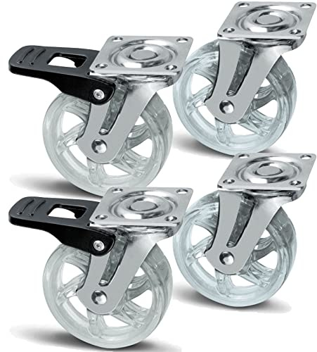 KÖNIG 4er Set Möbelrollen SHIFT, Ø 75 mm, transparent | 2 x ohne Bremse, 2 x mit Bremse