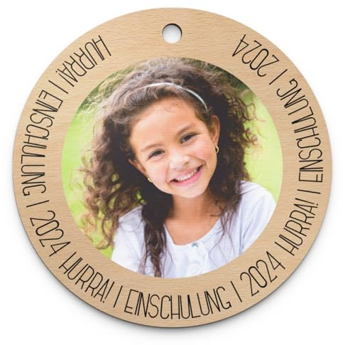 gravuru Personalisierte Holz Anhänger für Schultüte mit Foto - Schultütenanhänger erster Schultag - Namensanhänger Schulkind 2025 mit Namen & Motiven - Geschenk zur Einschulung für Junge & Mädchen