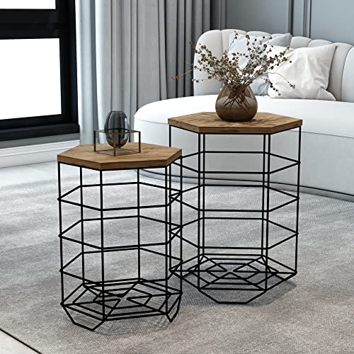 [en.casa] Beistelltisch Hørsholm 2er Set Metallkorb mit abnehmbarem Deckel Schwarz Holzfarben Korbtisch Wohnzimmertisch eckig Sofatisch mit Stauraum