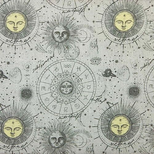 Kt KILOtela - Bedruckter Canvas-Stoff, Dekoration, Polsterung, Kissen, Vorhänge, Bettdecken, Taschen, Tischdecken, 100 cm Länge x 280 cm Breite, Sterne, Astrologie, Sonne, Grau - 1 Meter
